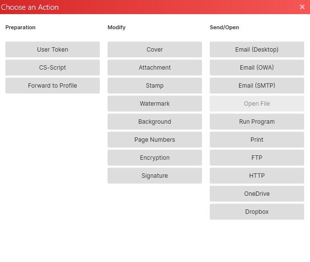 Action menu for PDF processing with options like cover, watermark, encryption, email, print, FTP, and PDF printer